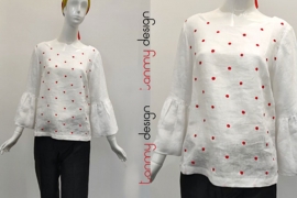 Linen top with flared sleeves and red dots-PAOLA POLKA